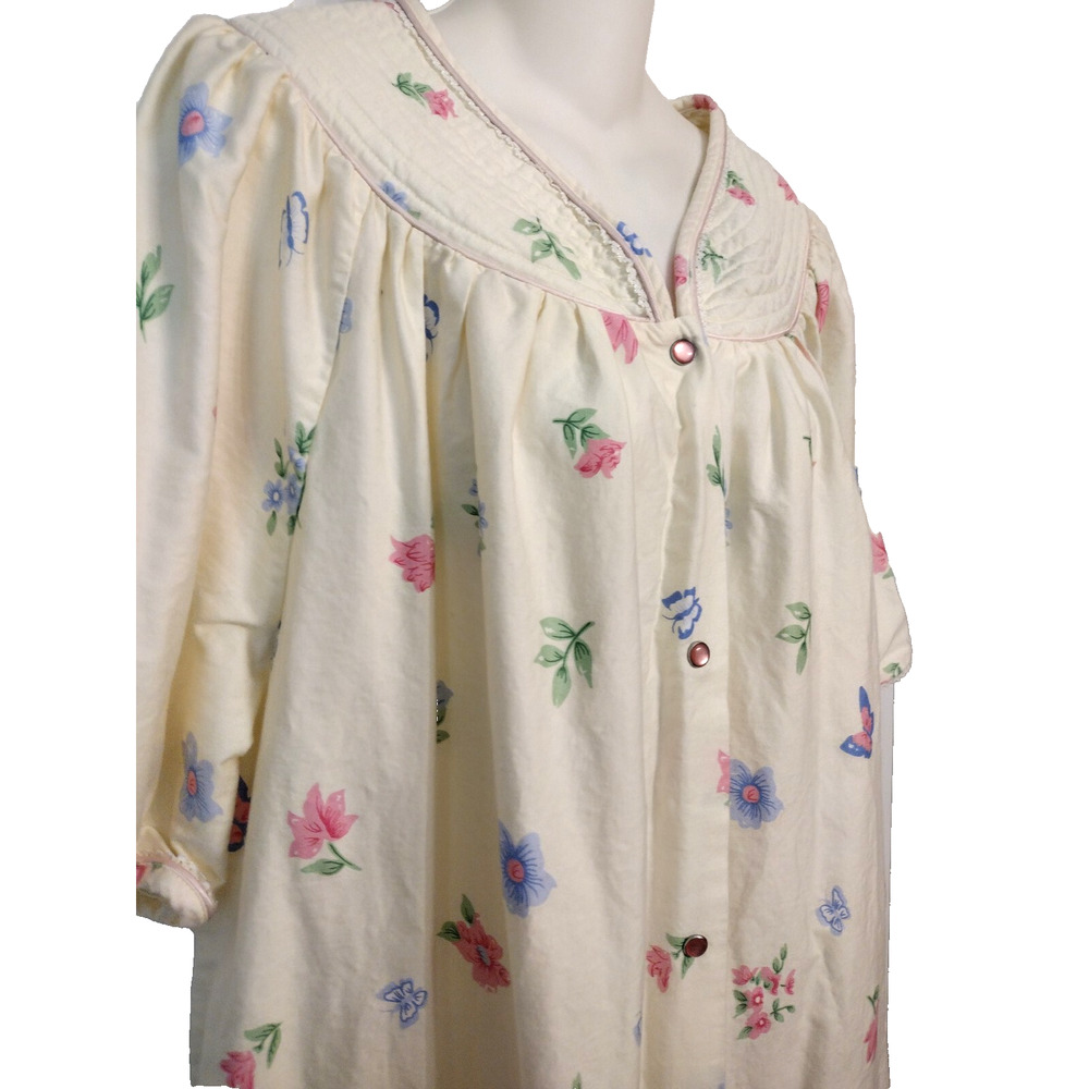 Coffee Time House Dress Duster Robe MuuMuu Yellow Floral Cotton Midi Pockets 1X - Picture 2 of 13